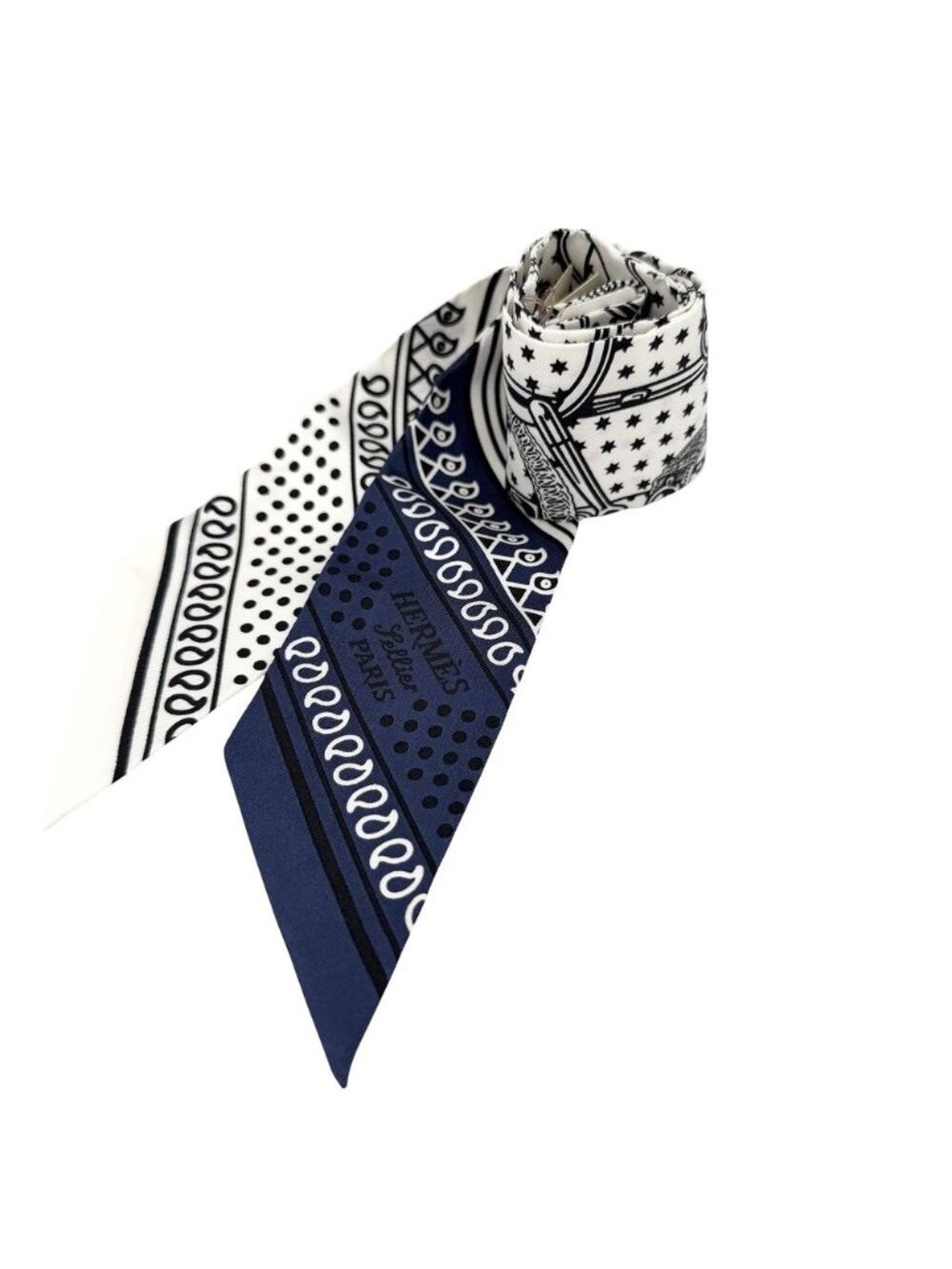 Hermes Scarf Twilly Eperon D'or Apron Silk White Black